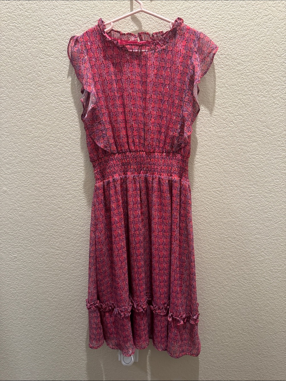 Aqua Pink Printed Smocked-Waist Ruffle Dress